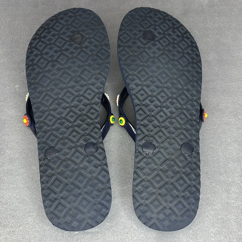 Tory Burch Marguerite Floral Charm Flip Flops Navy Size 6-7